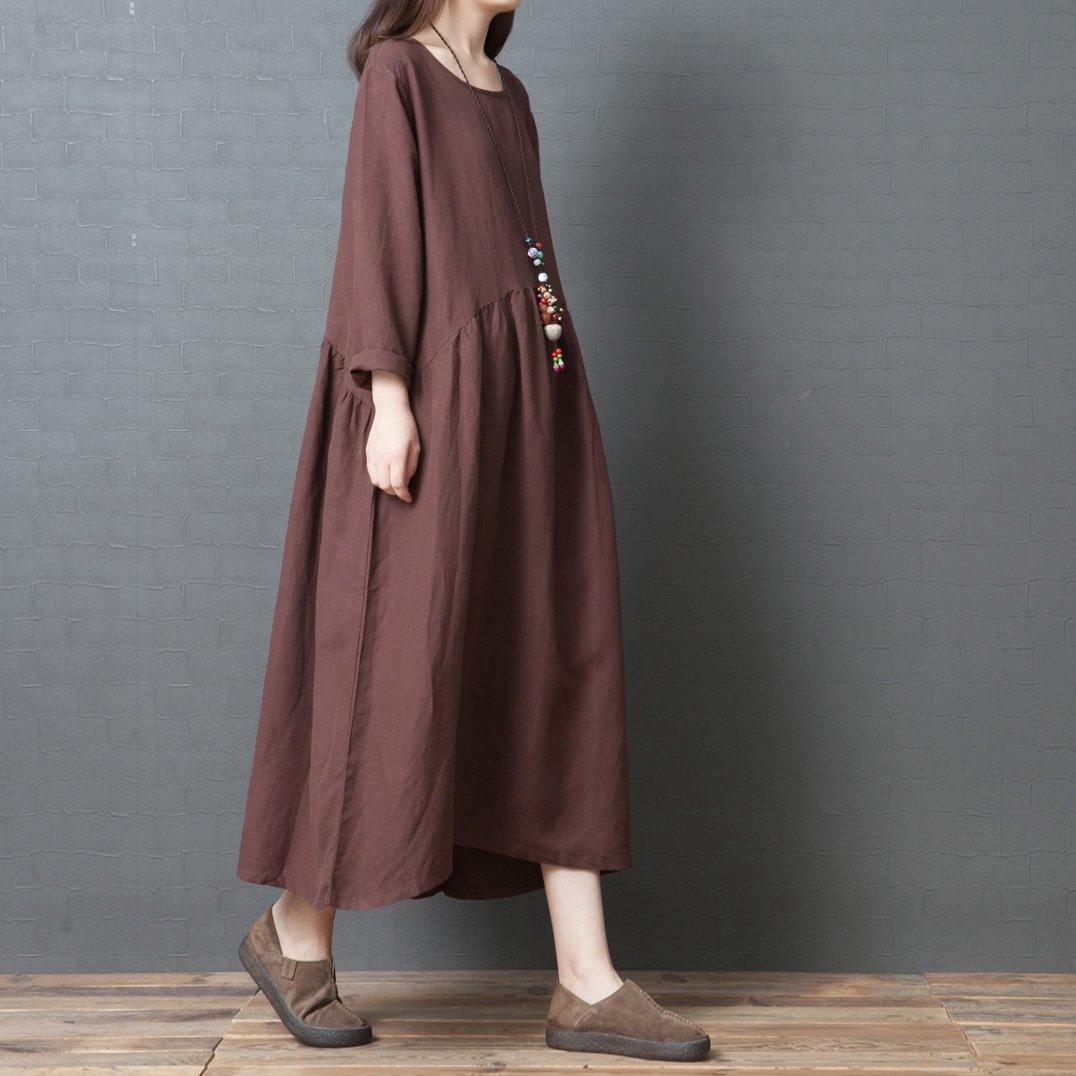 Bohemian chocolate linen Long Shirts Korea Inspiration o neck wrinkled Art Dresses - Omychic