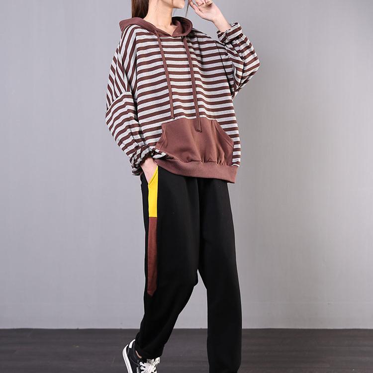 Bohemian chocolate striped cotton Long Shirts hooded pockets loose tops - Omychic