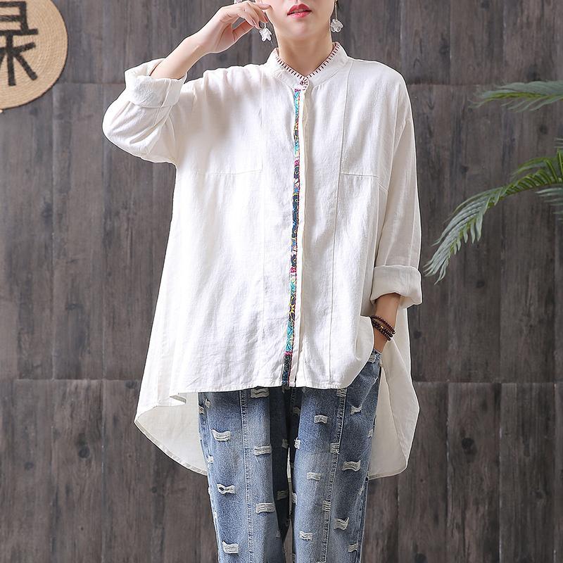 Bohemian cotton tunic pattern top quality Women Solid Welt Stand Collar Loose Shirt - Omychic