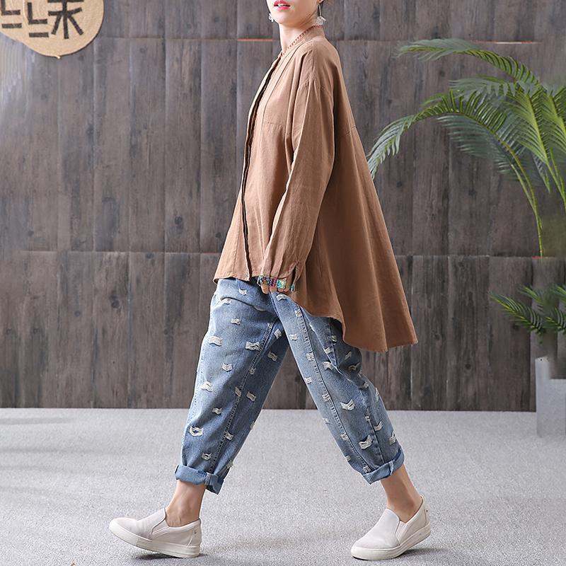 Bohemian cotton tunic pattern top quality Women Solid Welt Stand Collar Loose Shirt - Omychic