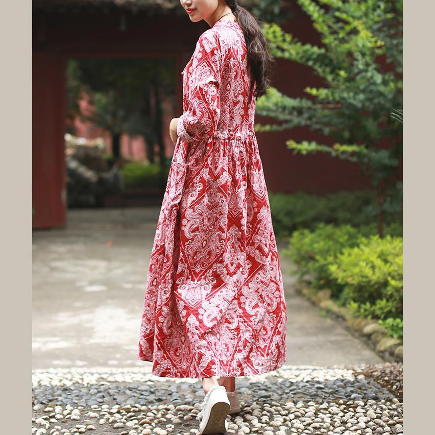 Bohemian drawstring cotton dresses pattern red prints A Line Dresses fall - Omychic