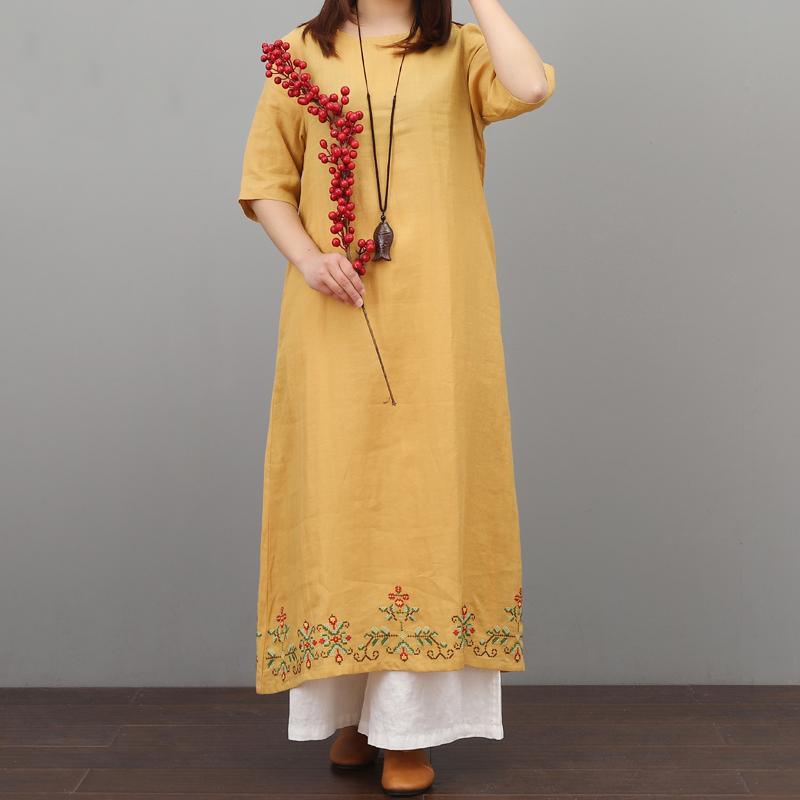 Bohemian embroidery linen dress Fashion Ideas yellow Dresses summer - Omychic