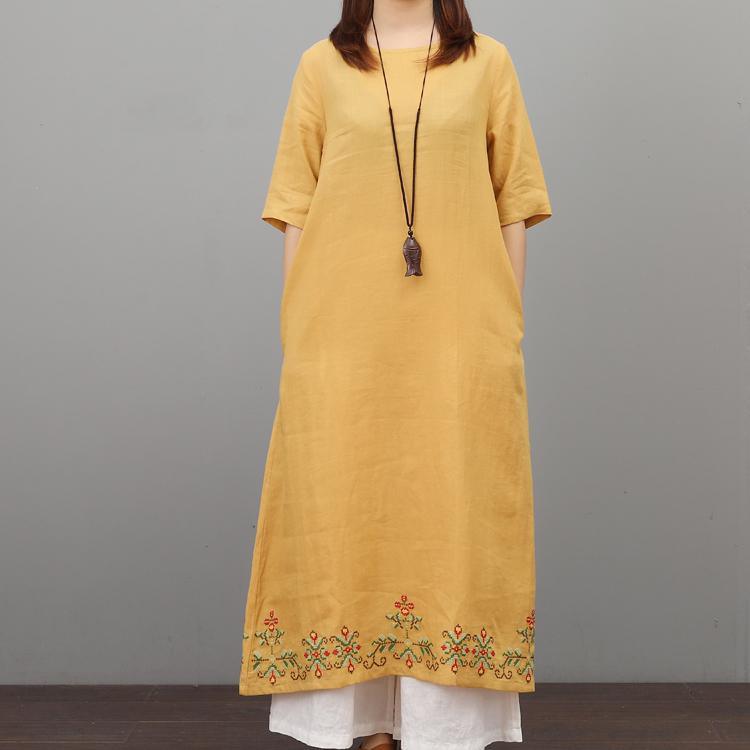 Bohemian embroidery linen dress Fashion Ideas yellow Dresses summer - Omychic