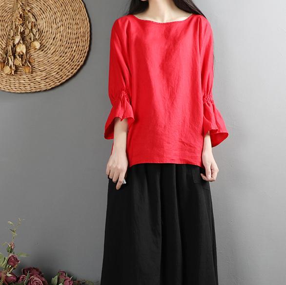 Bohemian fall linen wrinkled o neck crane tops Fabrics red blouse - Omychic