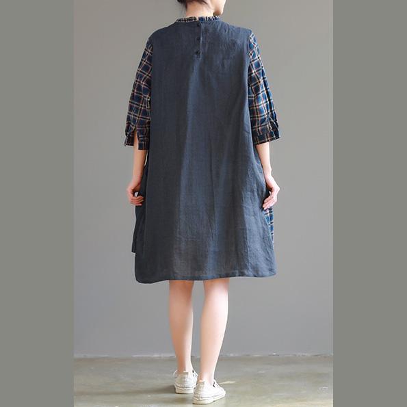 Bohemian false two pieces cotton linen quilting clothes Fashion Fabrics navy shift Dress spring - Omychic
