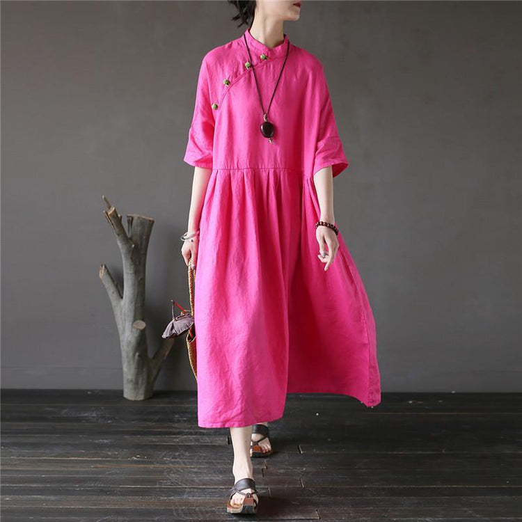 Bohemian half sleeve linen stand collar outfit Work Outfits rose Dress - Omychic