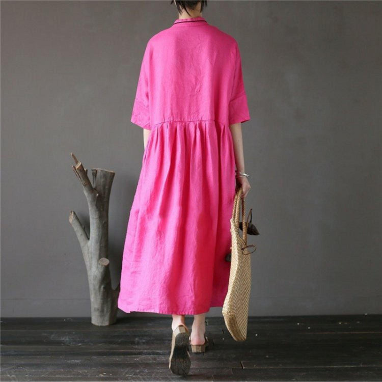 Bohemian half sleeve linen stand collar outfit Work Outfits rose Dress - Omychic