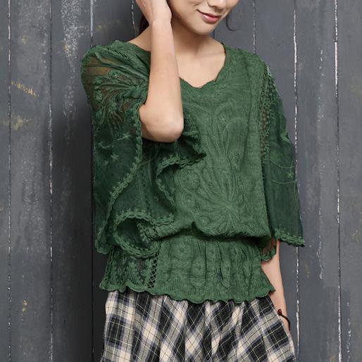 Bohemian hollow out cotton clothes For Women Christmas Gifts green Batwing Sleeve shirts summer - Omychic