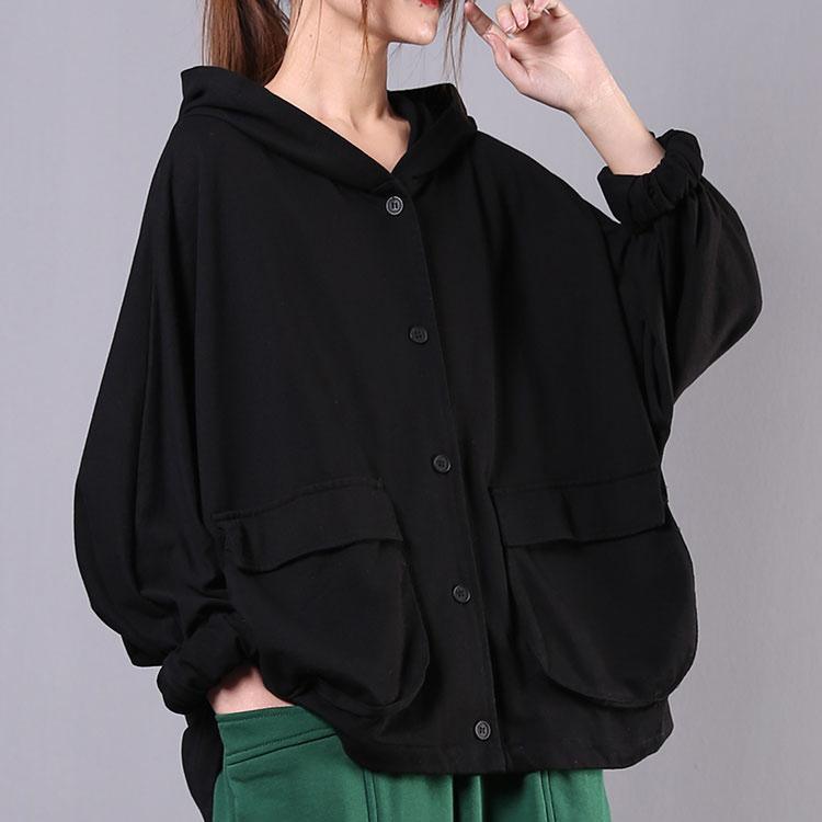Bohemian hooded Batwing Sleeve cotton spring clothes For Women Work black blouse - Omychic