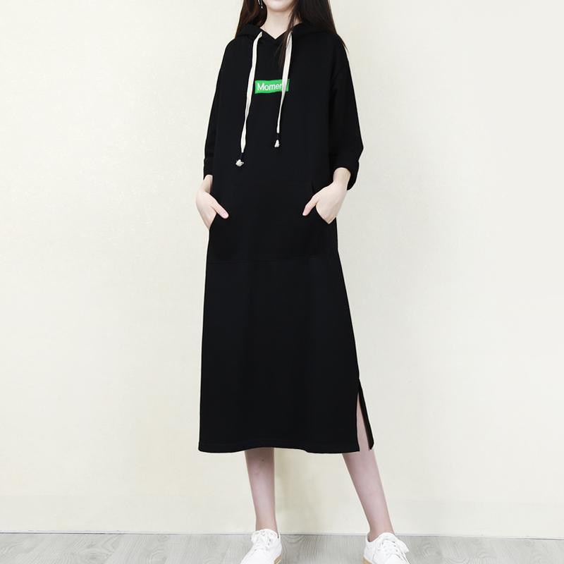 Bohemian hooded pockets cotton dress Metropolitan Museum linen black Traveling Dresses - Omychic