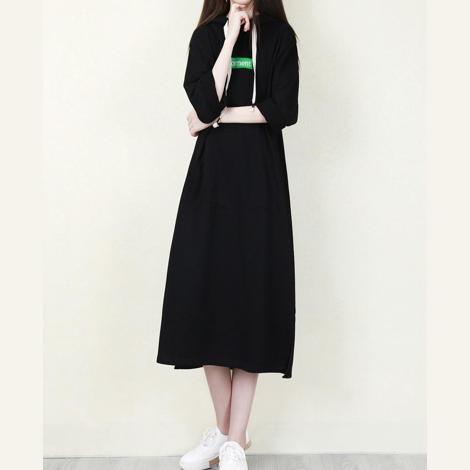 Bohemian hooded pockets cotton dress Metropolitan Museum linen black Traveling Dresses - Omychic