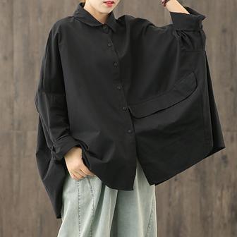 Bohemian lapel Button Down Blouse Fabrics black blouses - Omychic