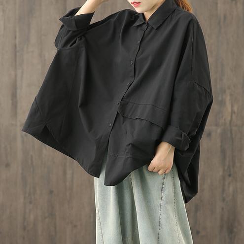 Bohemian lapel Button Down Blouse Fabrics black blouses - Omychic