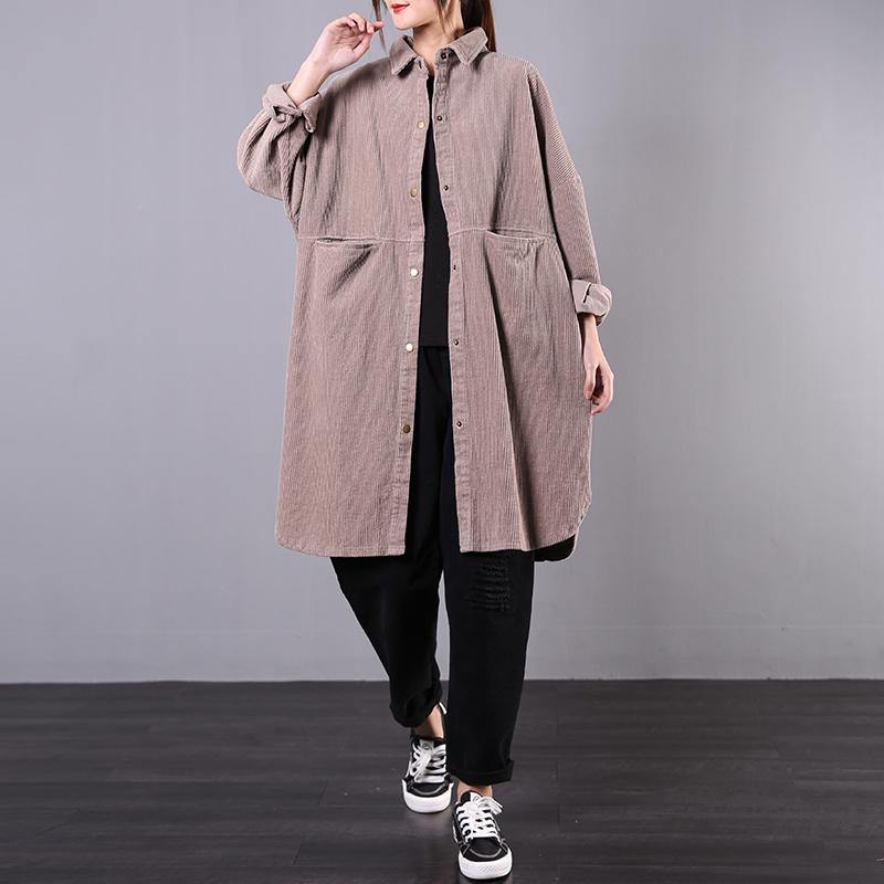 Bohemian lapel pockets Plus Size tunics for women gray Art outwear - Omychic
