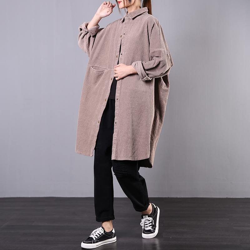 Bohemian lapel pockets Plus Size tunics for women gray Art outwear - Omychic