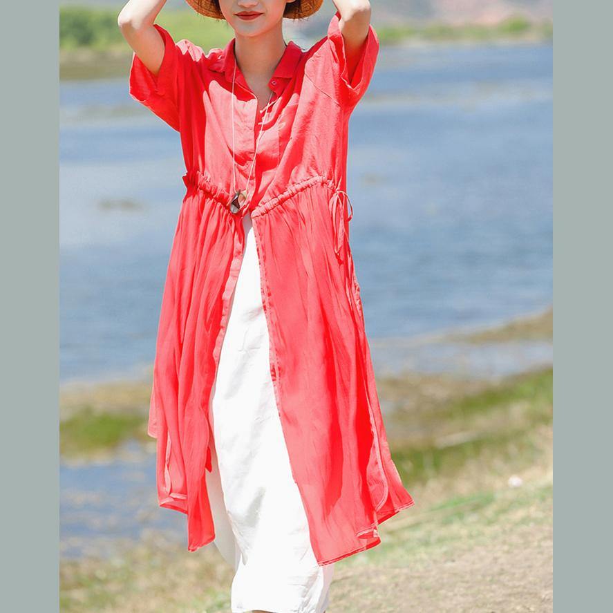Bohemian lapel tie waist cotton linen Tunics stylish Work Outfits red Knee Dress summer - Omychic