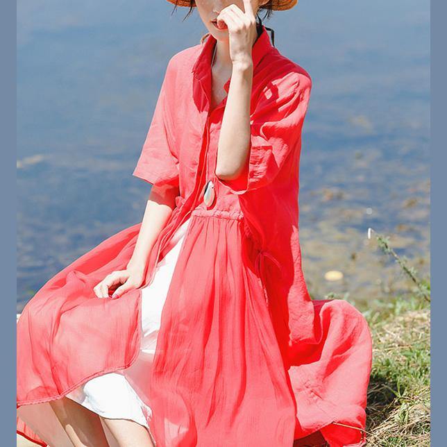 Bohemian lapel tie waist cotton linen Tunics stylish Work Outfits red Knee Dress summer - Omychic