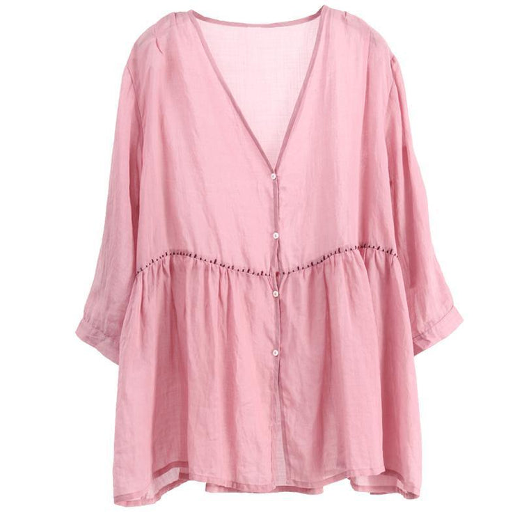 Bohemian linen clothes Vintage Solid Color Single Breasted Thin Blouse - Omychic