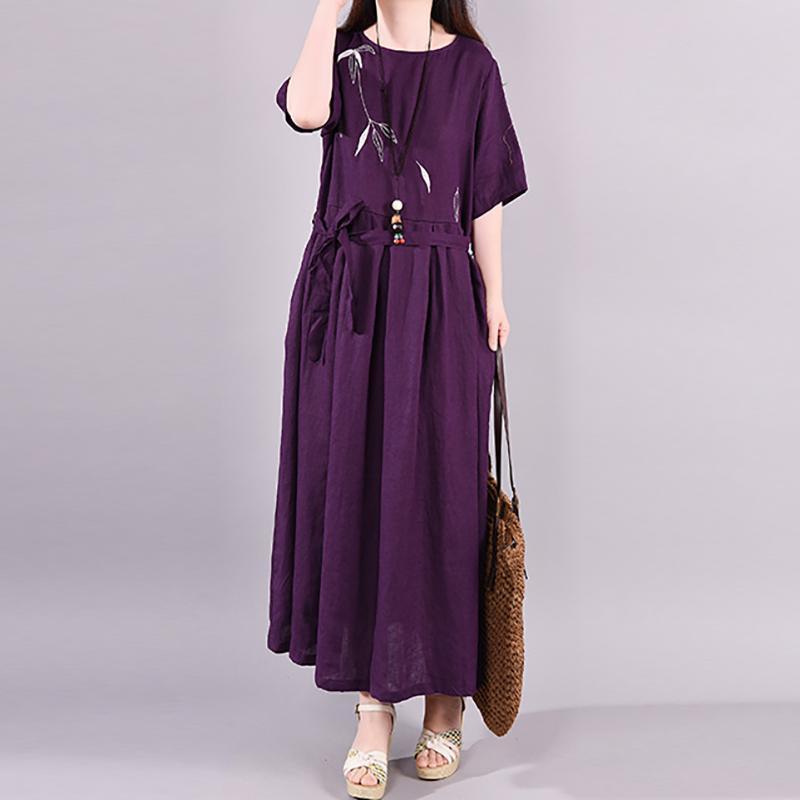 Bohemian linen dresses Boho Plant Embroidery Casual Elegant Charming Maxi Dress - Omychic