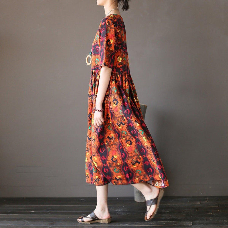 Bohemian linen dresses Plus Size o neck Work orange prints loose Dress - Omychic