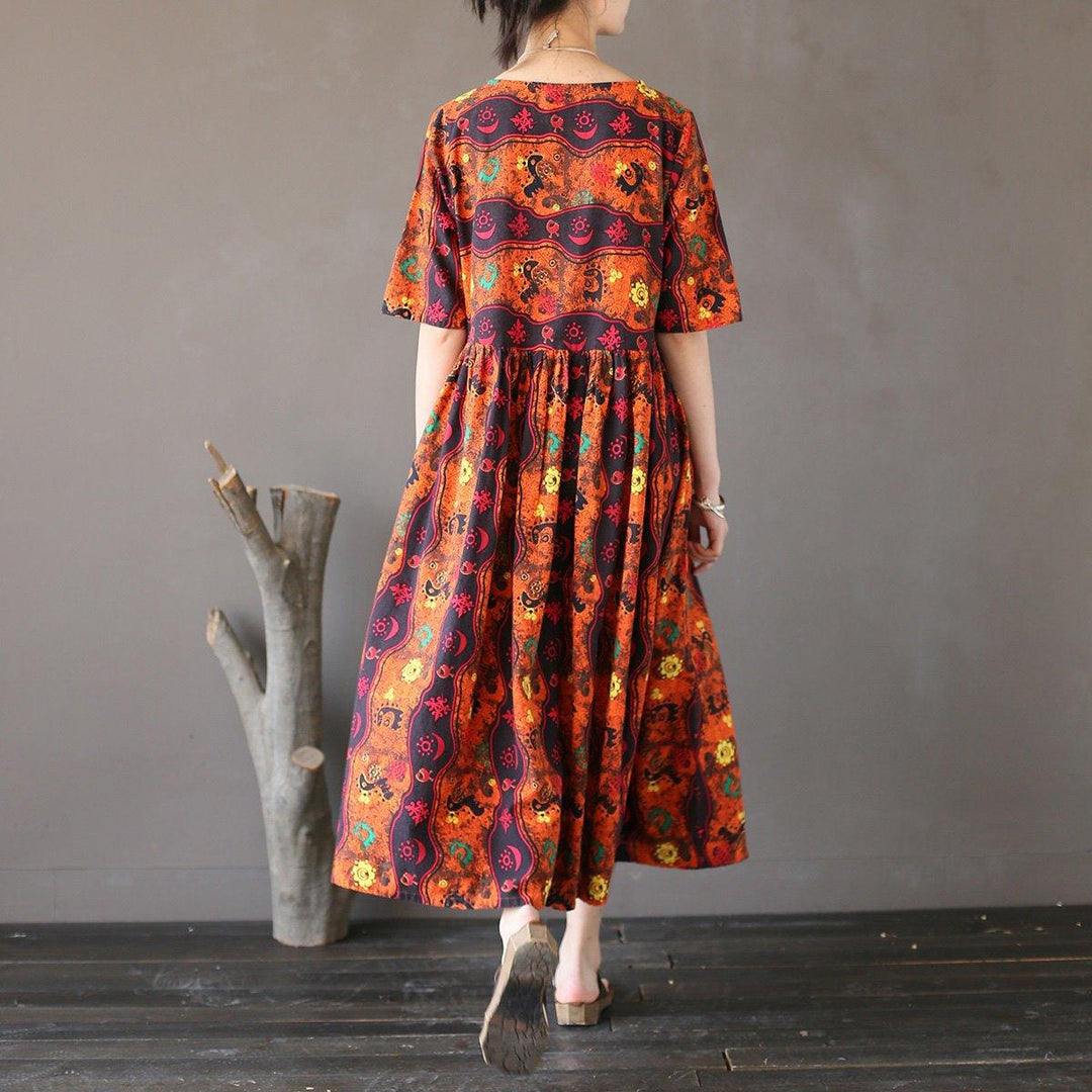 Bohemian linen dresses Plus Size o neck Work orange prints loose Dress - Omychic