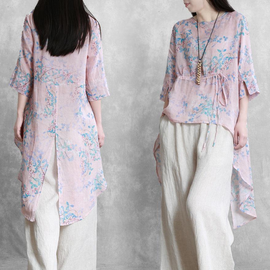 Bohemian low high design linen Blouse Shirts pink prints top summer - Omychic