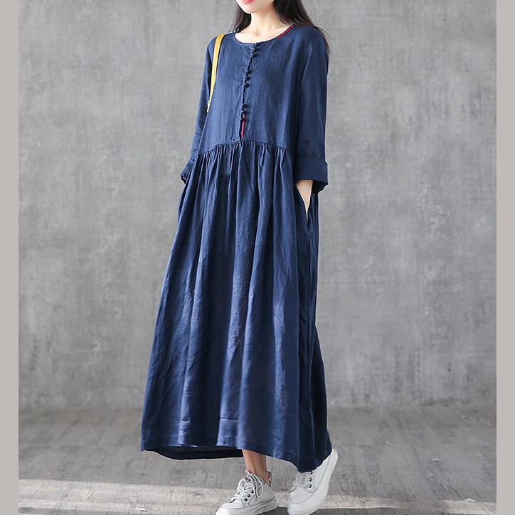 Bohemian navy linen clothes For Women o neck patchwork Traveling Dresses - Omychic