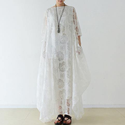 Bohemian o neck asymmetric chiffon Robes Indian Life white Maxi Dress - Omychic