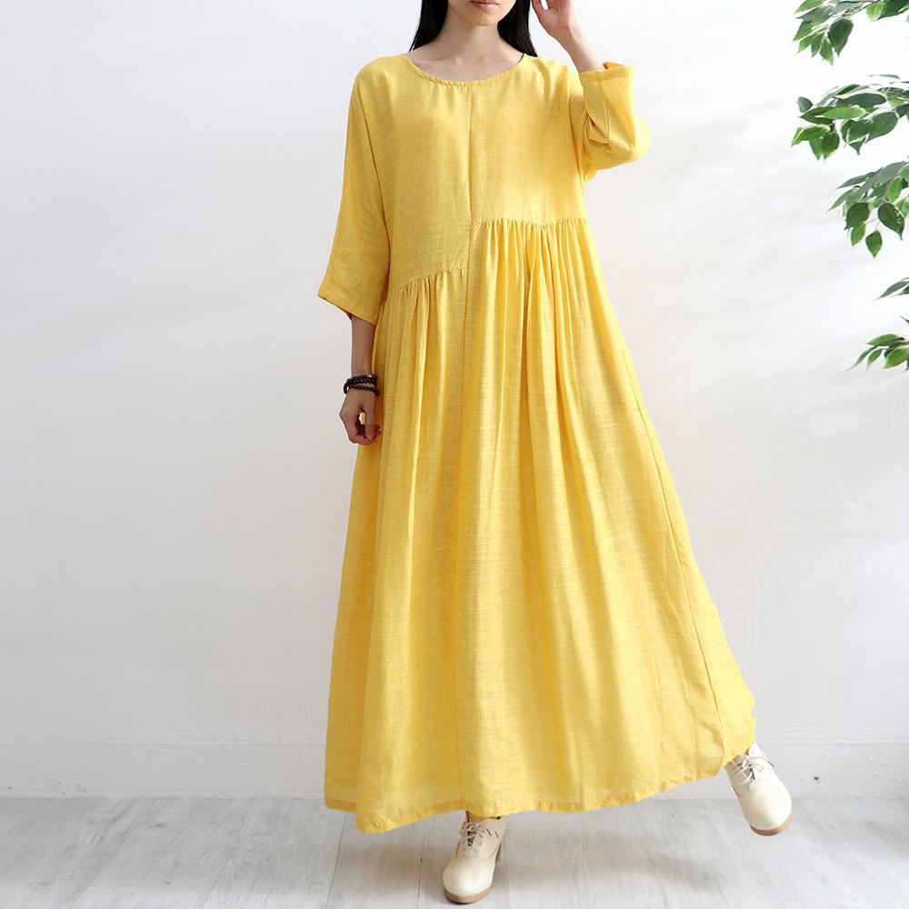 Bohemian o neck cotton clothes For Women Work yellow wrinkled Robe Dress summer - Omychic