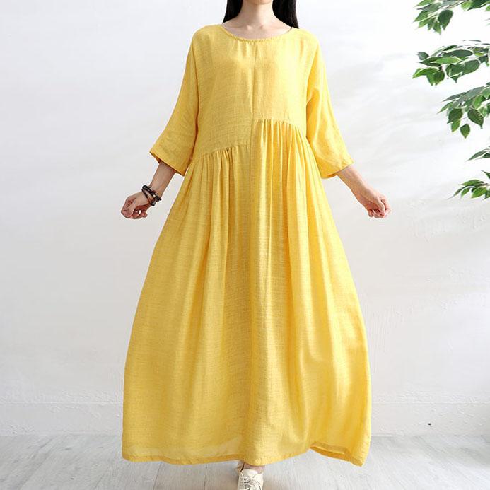 Bohemian o neck cotton clothes For Women Work yellow wrinkled Robe Dress summer - Omychic
