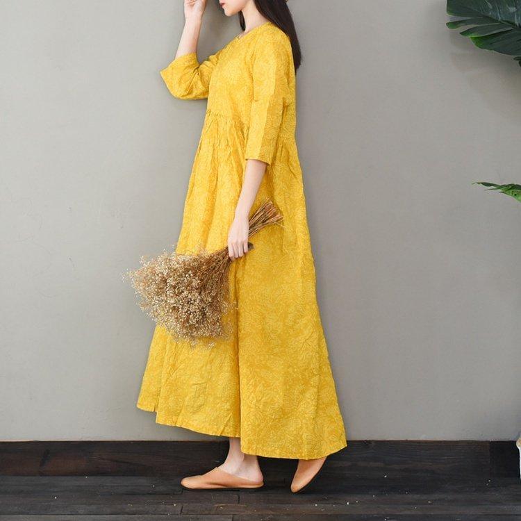 Bohemian o neck cotton high neck quilting clothes Work Outfits yellow long Dresses - Omychic
