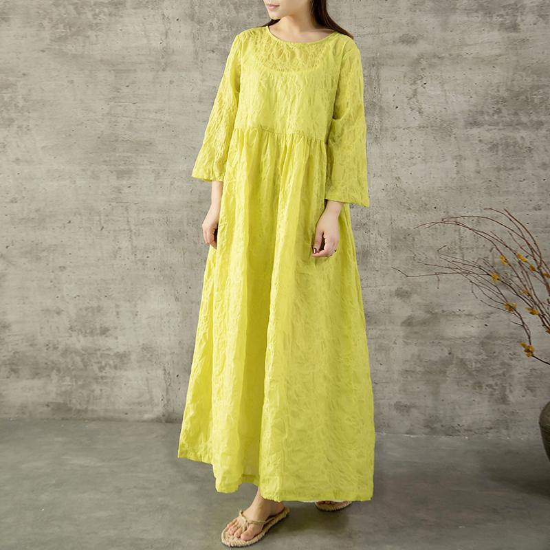 Bohemian o neck linen dress design yellow loose waist Dresses summer - Omychic