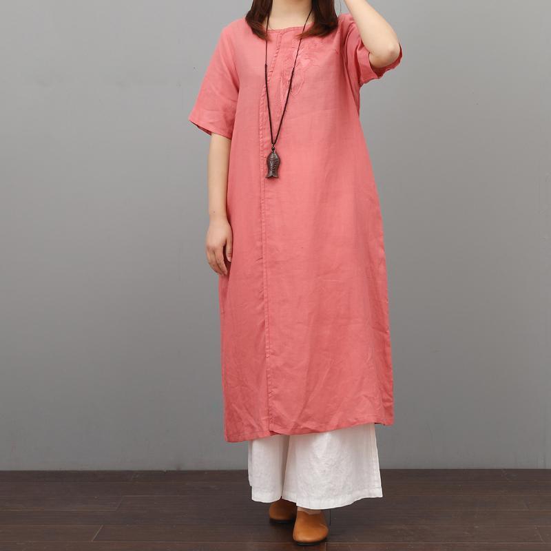 Bohemian o neck linen dresses Sleeve pink Dress summer - Omychic