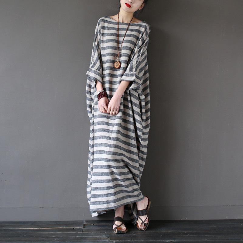 Bohemian o neck linen summerWardrobes Sewing striped Dresses - Omychic