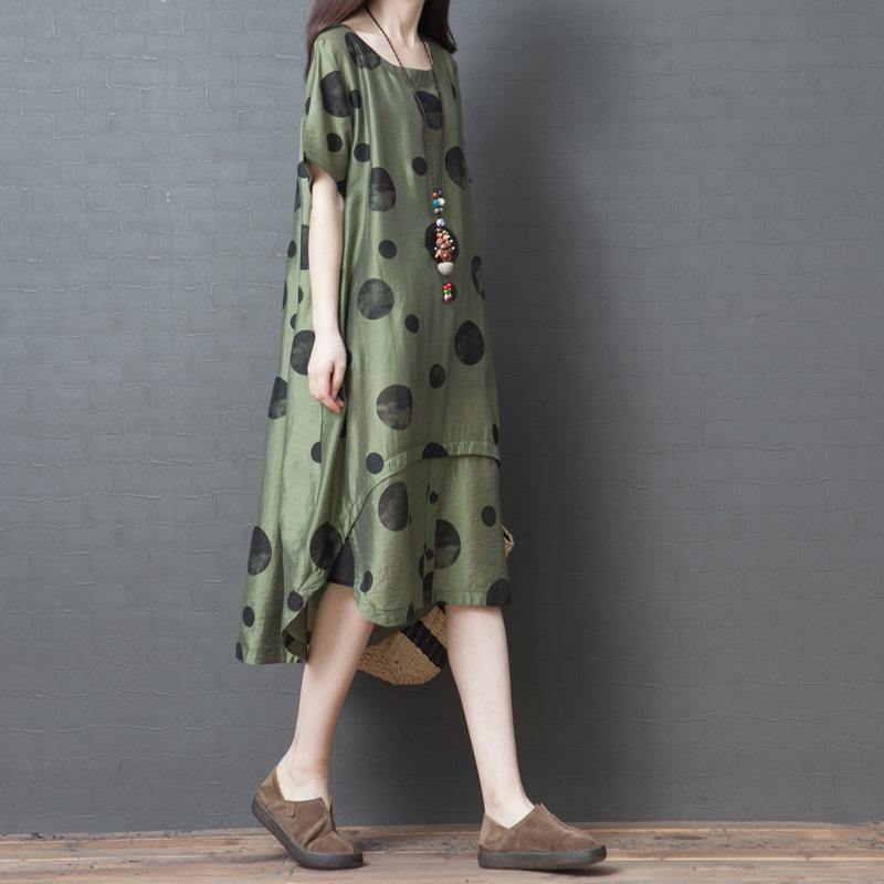 Bohemian o neck low high design quilting dresses Outfits green dotted Dress summer - Omychic