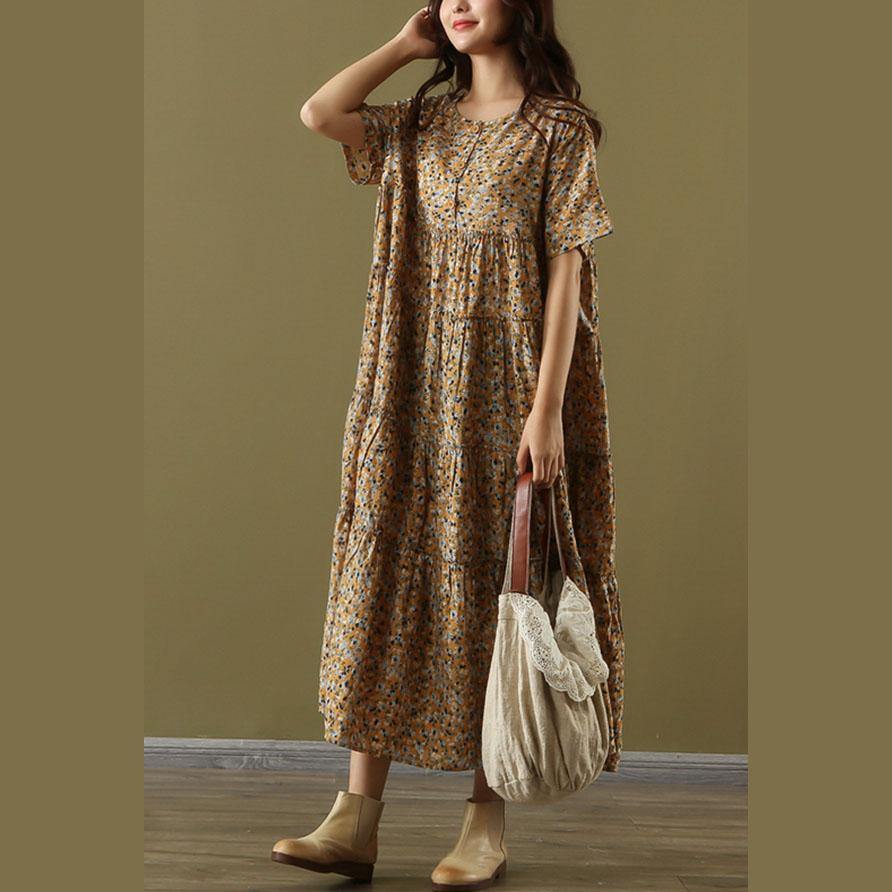 Bohemian o neck patchwork cotton Outfits yellow print robes Dresses summer - Omychic