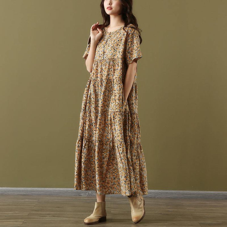 Bohemian o neck patchwork cotton Outfits yellow print robes Dresses summer - Omychic