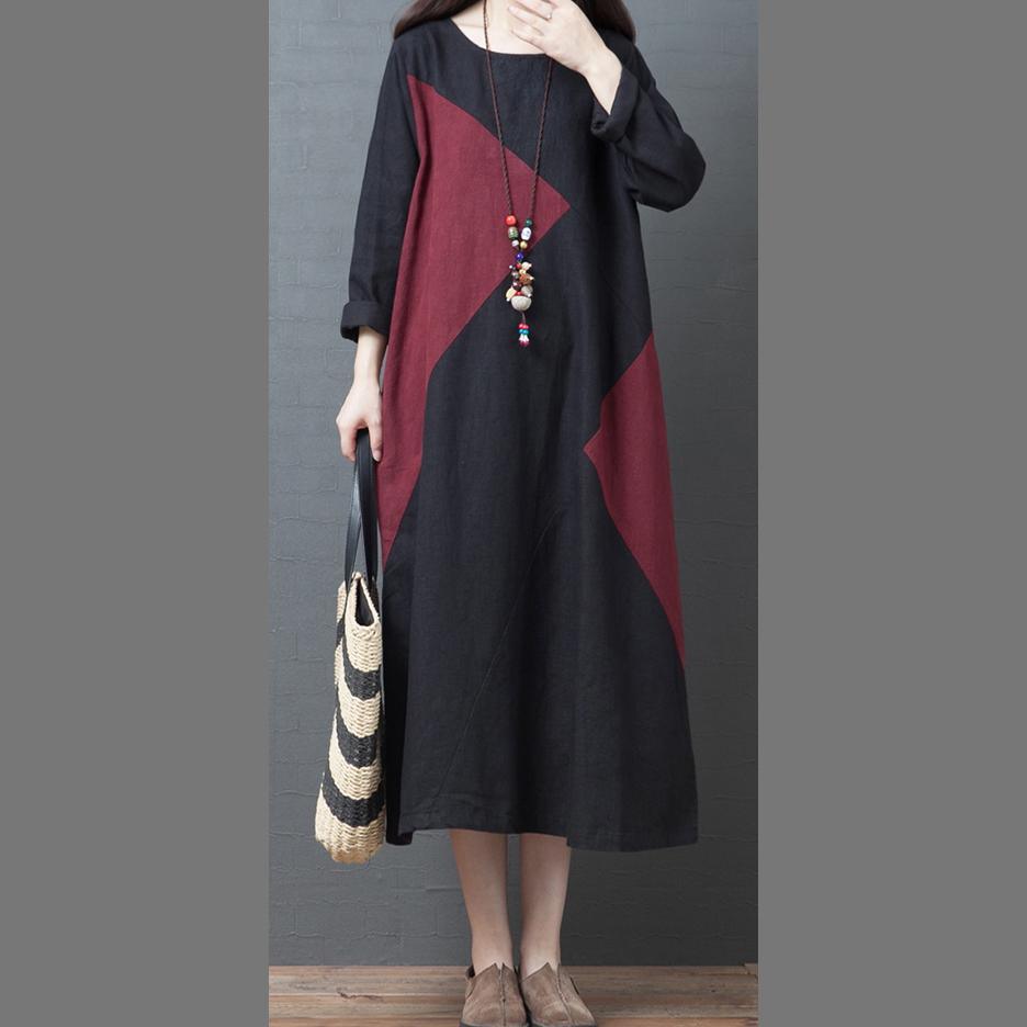 Bohemian o neck patchwork linen fall dress Tutorials black Dresses - Omychic