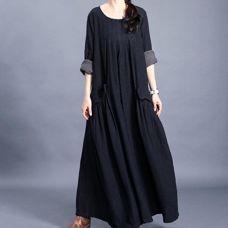 Bohemian o neck pockets cotton linen spring dress Work black Dresses - Omychic