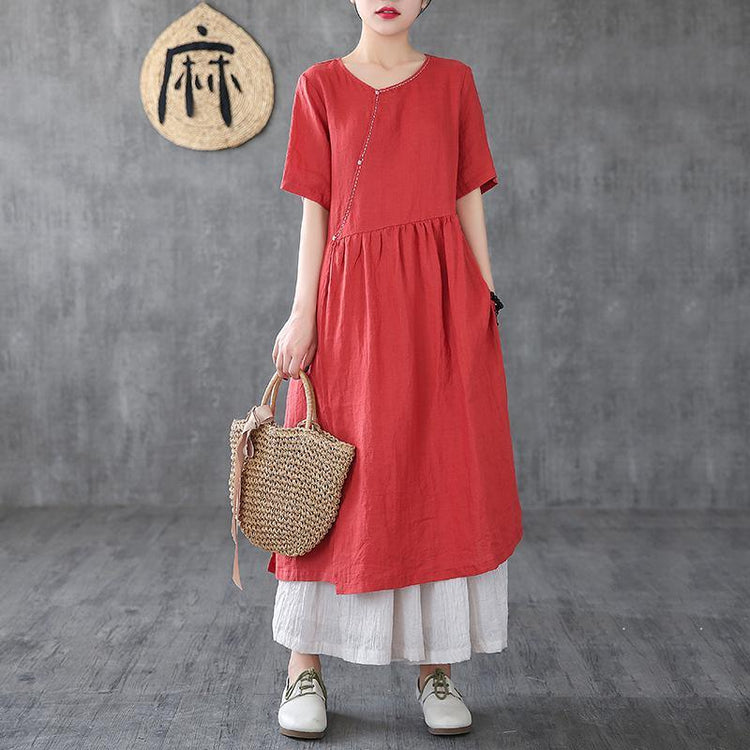 Bohemian o neck pockets linen clothes For Women Neckline red Dresses - Omychic