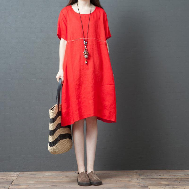 Bohemian o neck pockets linen dress Wardrobes red Dress summer - Omychic