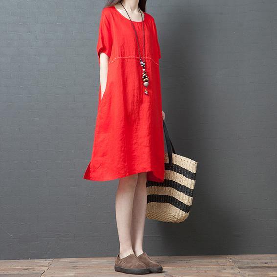 Bohemian o neck pockets linen dress Wardrobes red Dress summer - Omychic