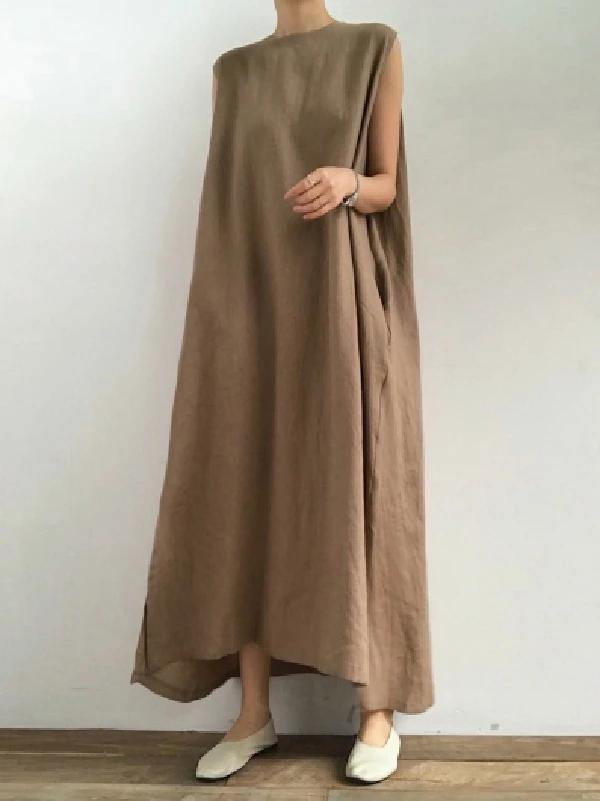 Bohemian O Neck Side Open Linen Cotton Clothes Fabrics Khaki Dress - SooLinen