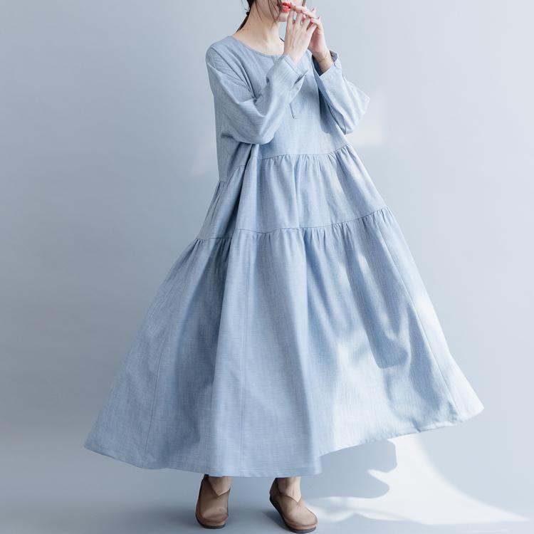 Bohemian o neck wrinkled cotton blended Robes Metropolitan Museum Neckline blue Art Dress spring - Omychic