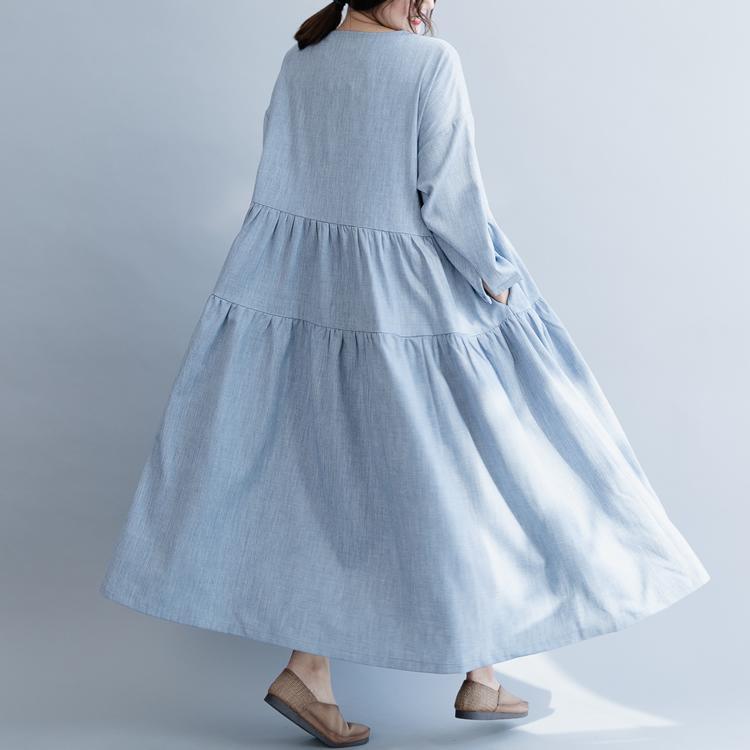 Bohemian o neck wrinkled cotton blended Robes Metropolitan Museum Neckline blue Art Dress spring - Omychic