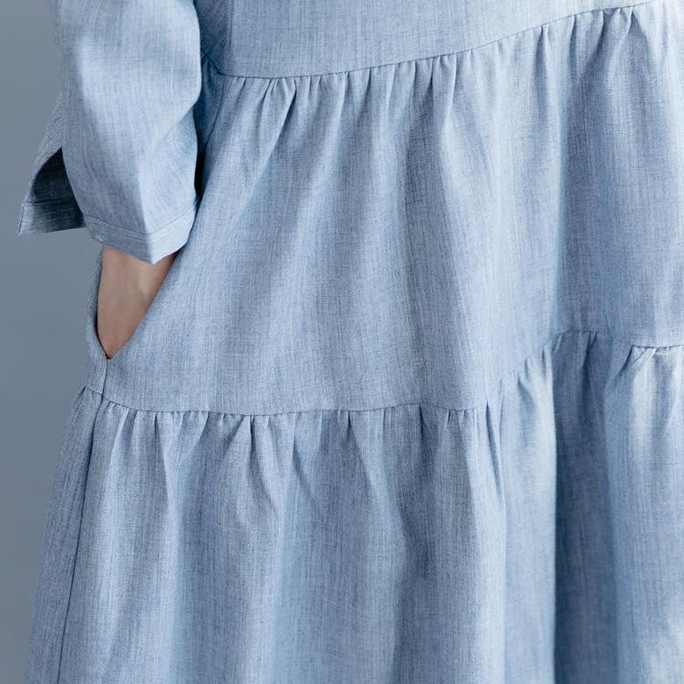 Bohemian o neck wrinkled cotton blended Robes Metropolitan Museum Neckline blue Art Dress spring - Omychic