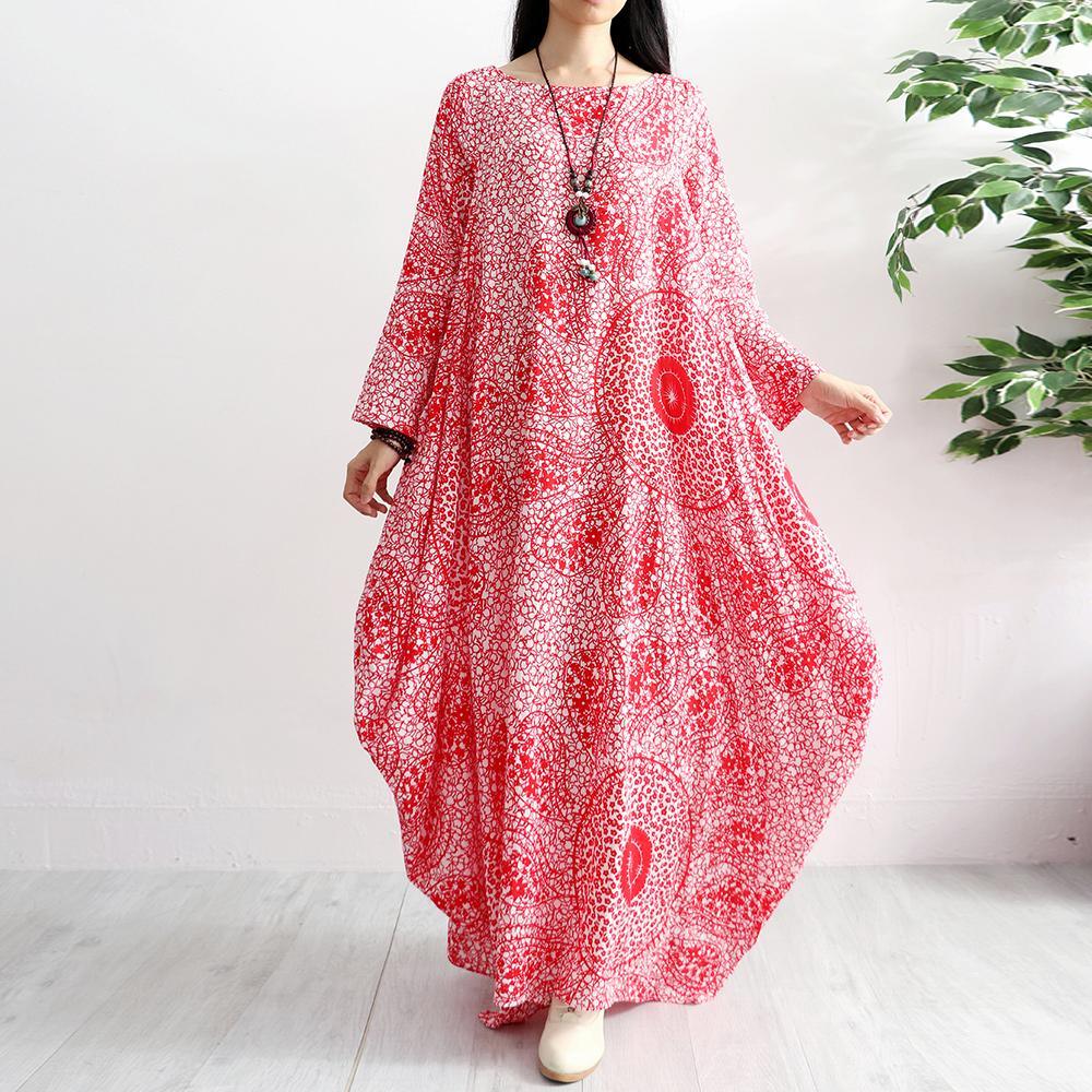Bohemian prints cotton clothes Work Outfits red o neck Robe Dress autumn - Omychic
