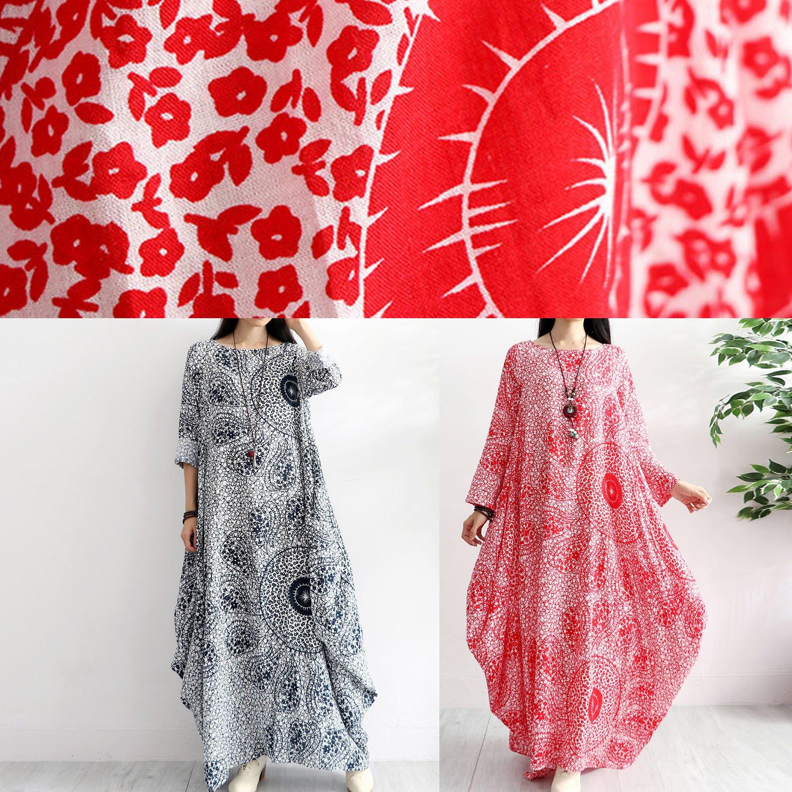 Bohemian prints cotton clothes Work Outfits red o neck Robe Dress autumn - Omychic