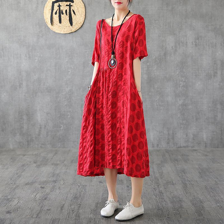 Bohemian red dotted cotton quilting clothes patchwork o neck loose summer Dress - Omychic