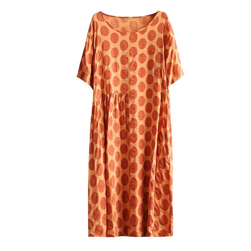 Bohemian red dotted cotton quilting clothes patchwork o neck loose summer Dress - Omychic
